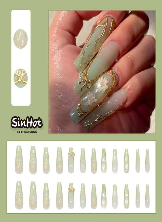 SINHOT Coffin Press on Nails Long - Halcyon Green Fake Nails Glossy Glue on Nails Gold Line Bowknot Acrylic Nail White Flower Ballerina Artificial Nail Stick on False Nail with Design 24pcs - Image 4